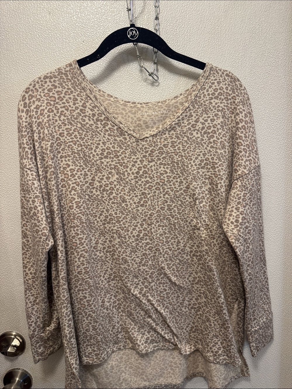 American Eagle Outfitters Neutral Leopard V-Neck Long Sleeve Top